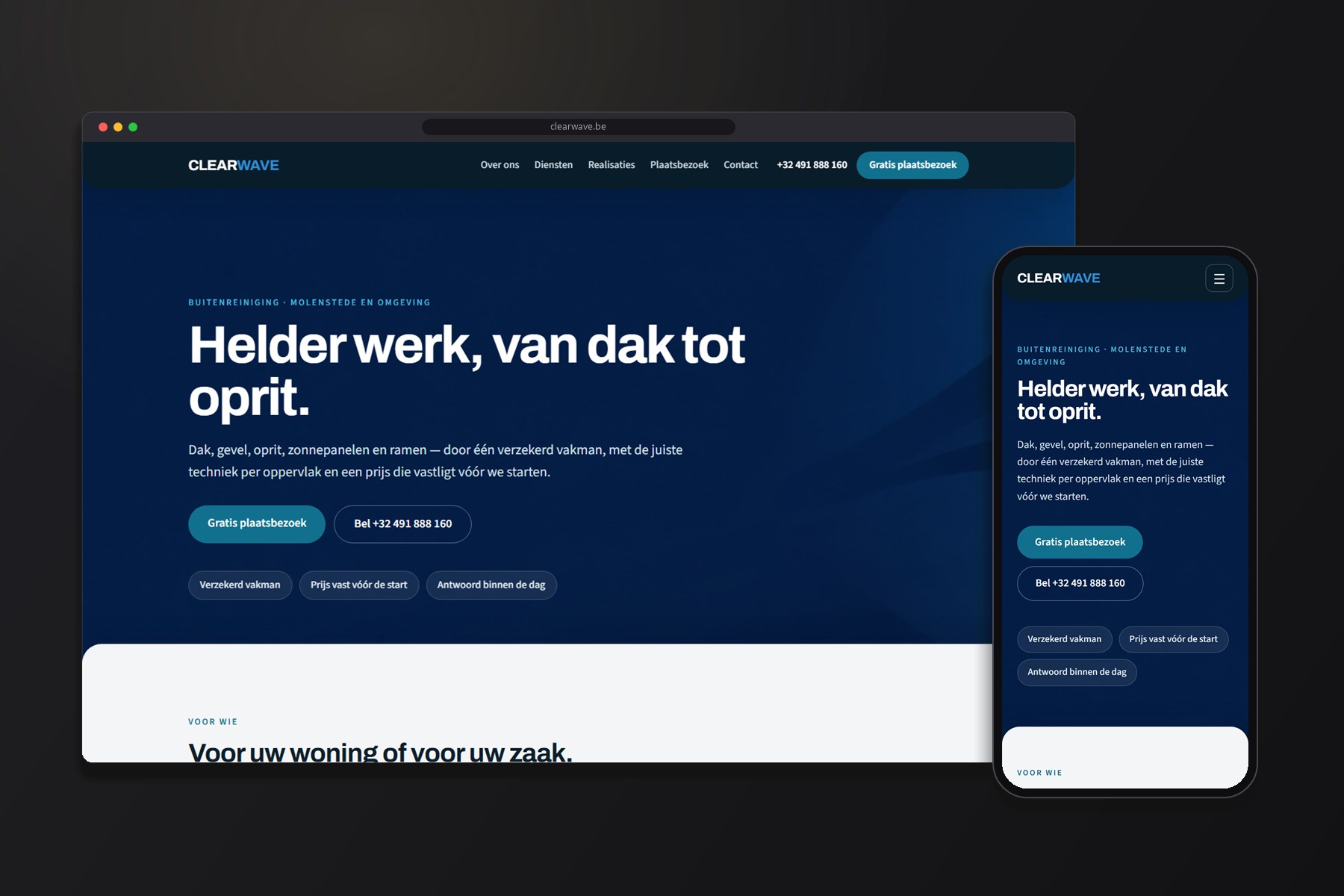 Homepagina van de Clearwave-website op desktop en smartphone