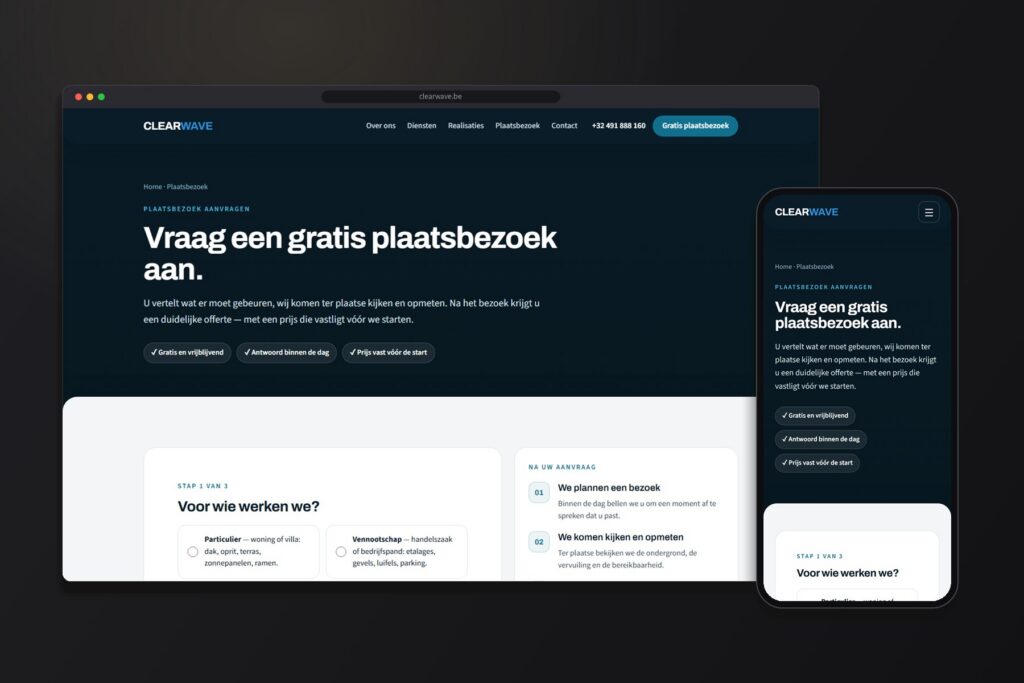 Aanvraagpagina voor een gratis plaatsbezoek op de Clearwave-website