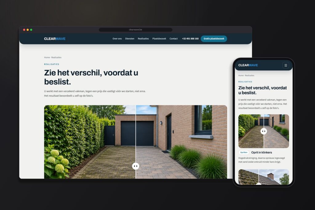 Realisatiespagina van Clearwave met voor-en-na-slider op desktop en smartphone