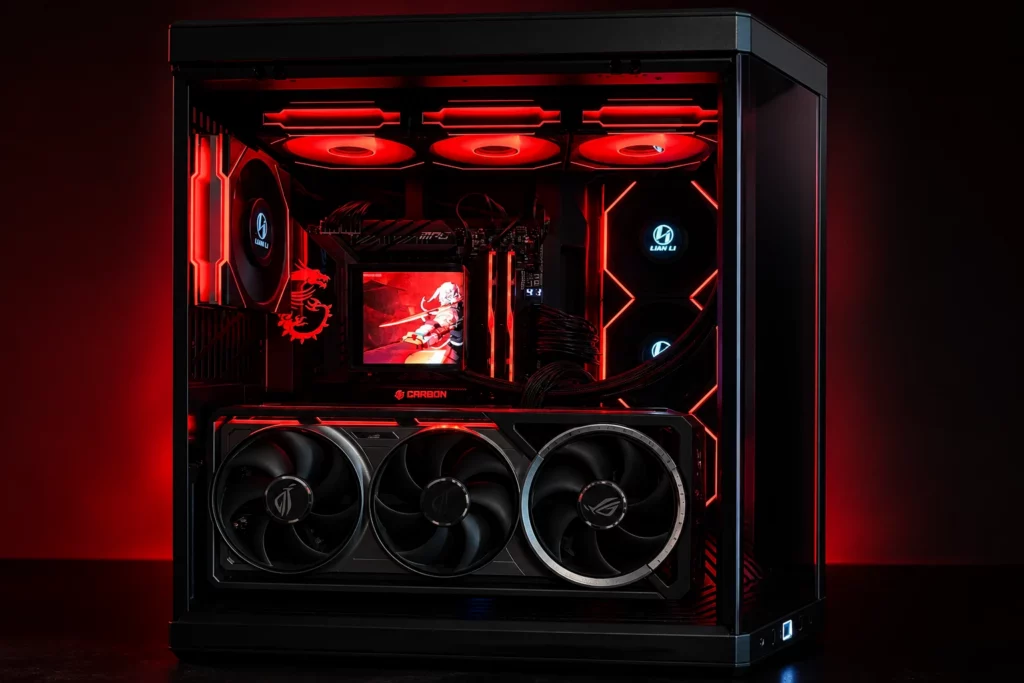 Gaming-pc met RTX 5090 in HYTE Y70 Touch Infinite met rode verlichting