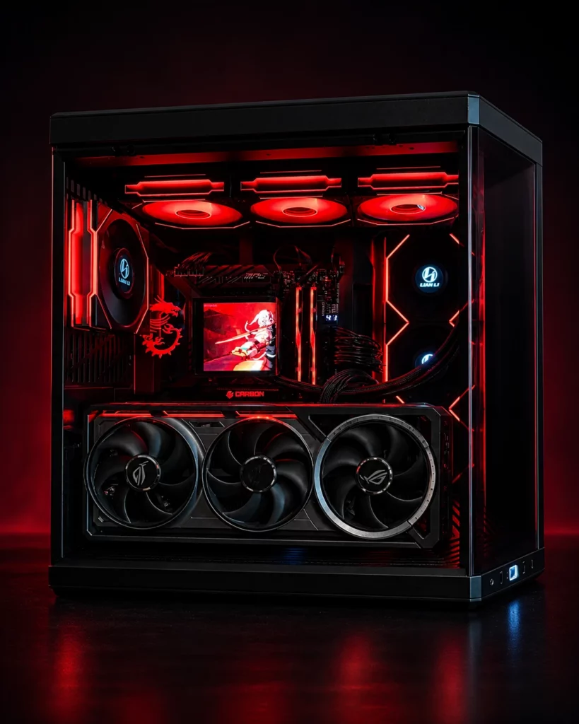 HYTE Y70 met ASUS ROG Astral RTX 5090 en TRYX Panorama-koeler, rode verlichting