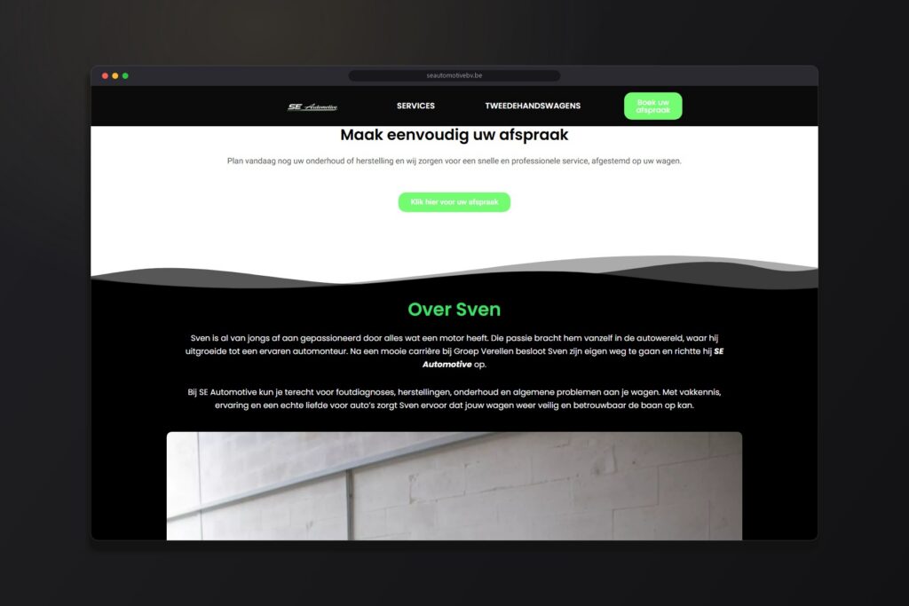 Afspraakblok en sectie Over Sven op de SE Automotive-website
