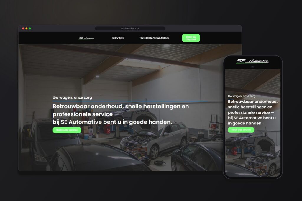 Homepagina van de SE Automotive-website op desktop en smartphone