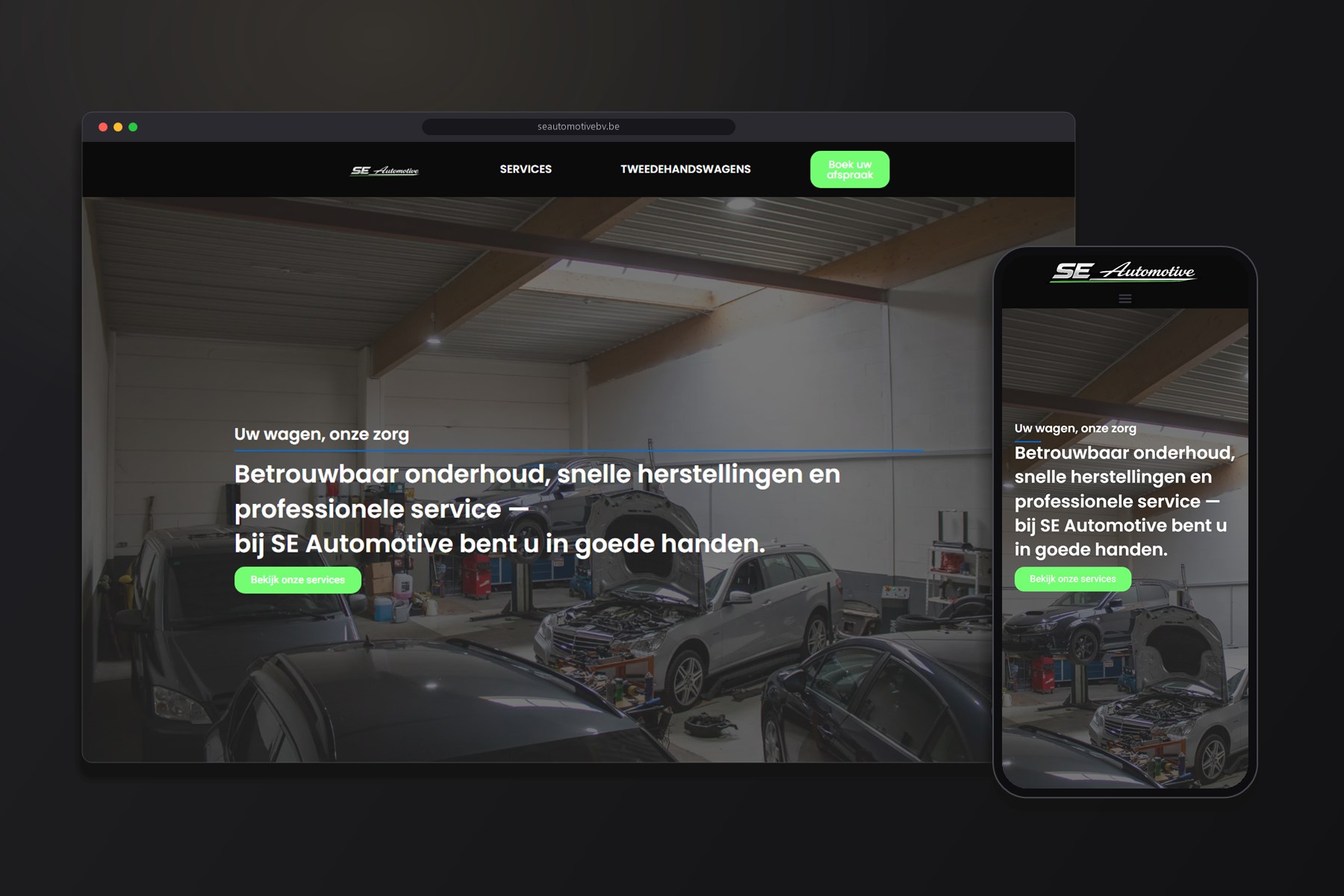 Homepagina van de SE Automotive-website op desktop en smartphone