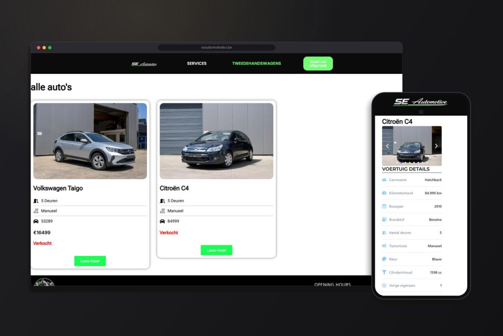 Overzicht van tweedehandswagens op desktop en wagenpagina op smartphone