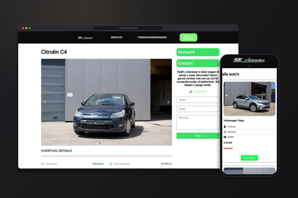 Wagenpagina met voertuigdetails en contactformulier op de SE Automotive-website